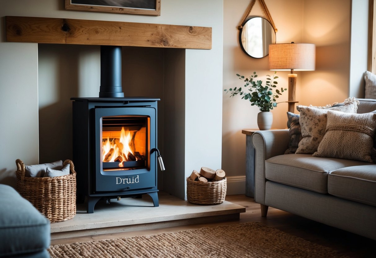 A cozy living room with a roaring fire in a Druid 12kW Non-Boiler Stove, surrounded by rustic decor and comfortable seating