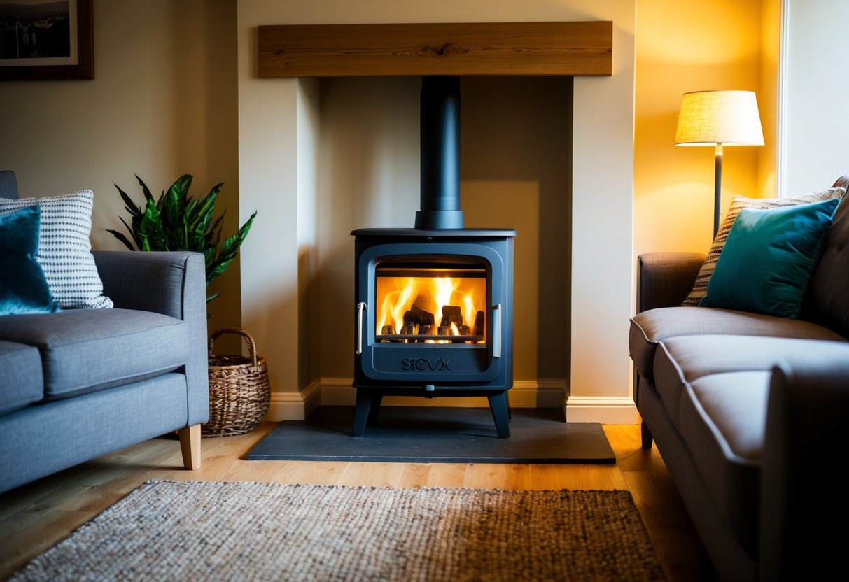 A cozy living room with a Stovax Stockton 5kw Eco Top 10 free standing stove as the focal point, emitting a warm glow and casting a comforting atmosphere