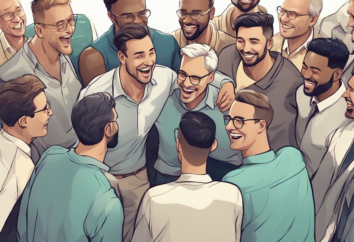 A group of men in a circle, engaged in conversation and laughter, with a sense of camaraderie and unity