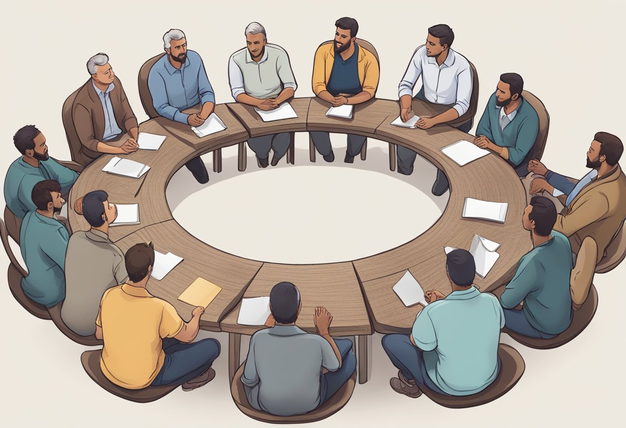 A circle of men sitting in a circle, engaged in conversation, with a sense of camaraderie and support