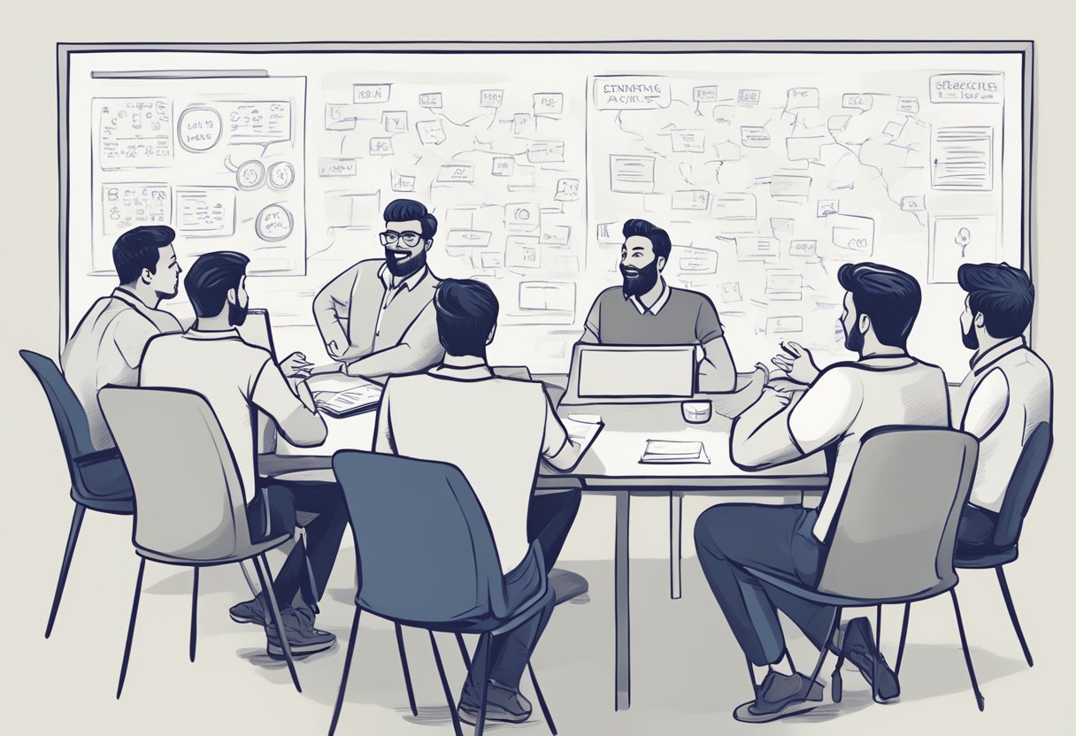 A group of men brainstorming together, surrounded by a whiteboard covered in different team name ideas. They are engaged in lively discussion and laughter