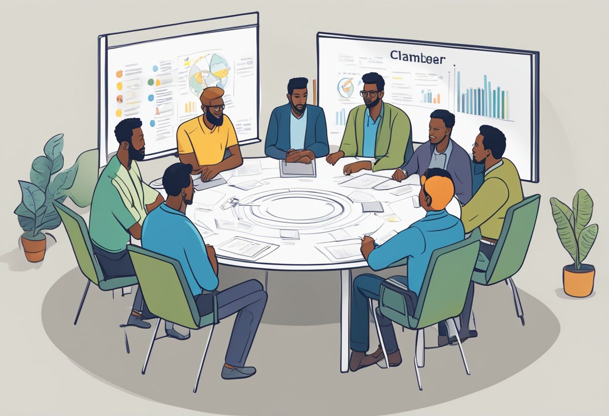 A group of men gathered in a circle, discussing and brainstorming, with a whiteboard in the background displaying various potential group names