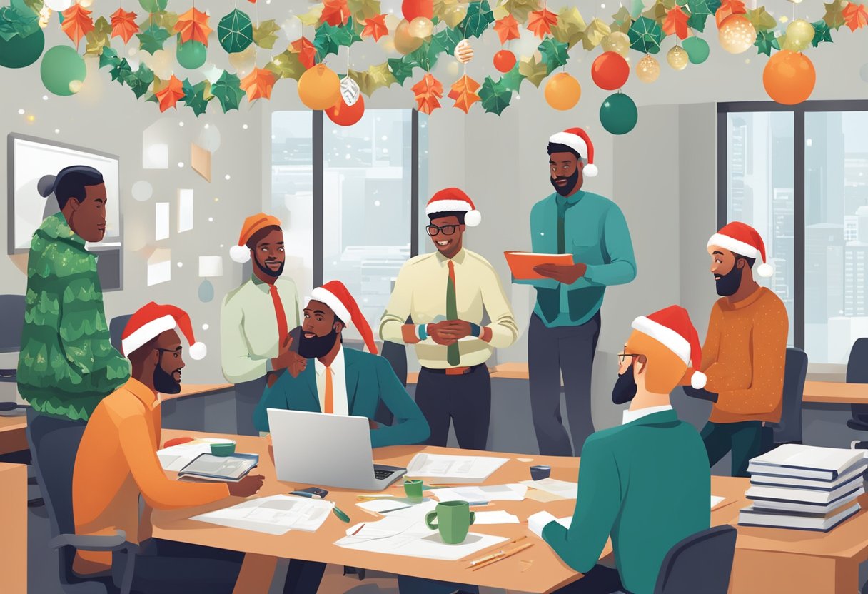 A festive office setting with men in holiday-themed attire brainstorming team names around a conference table adorned with seasonal decorations