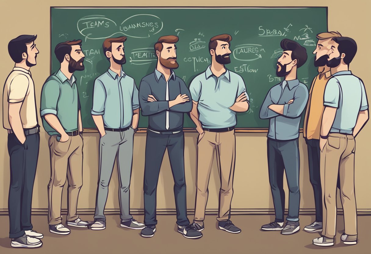 A group of men standing in front of a chalkboard, brainstorming and crossing out various team names with frustrated expressions