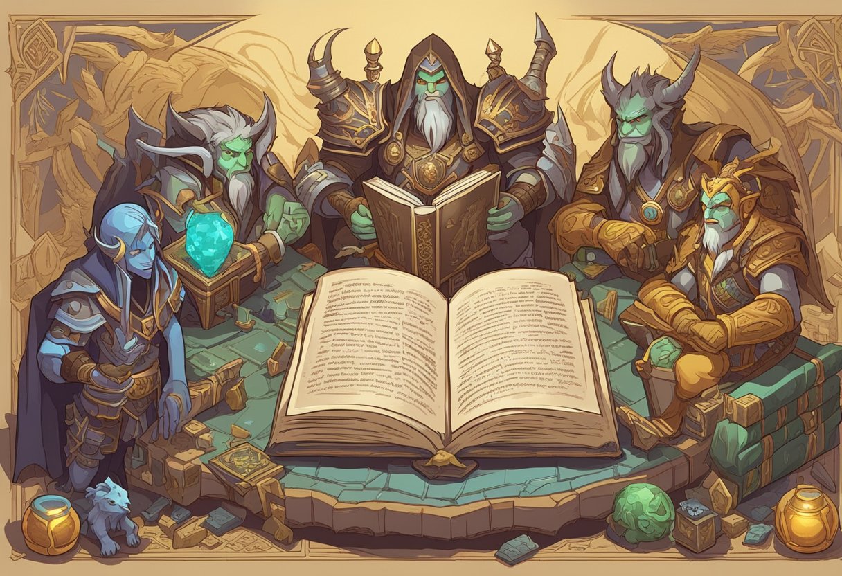 A group of fantasy creatures gather around a glowing, ancient-looking book, brainstorming guild names for their World of Warcraft alliance