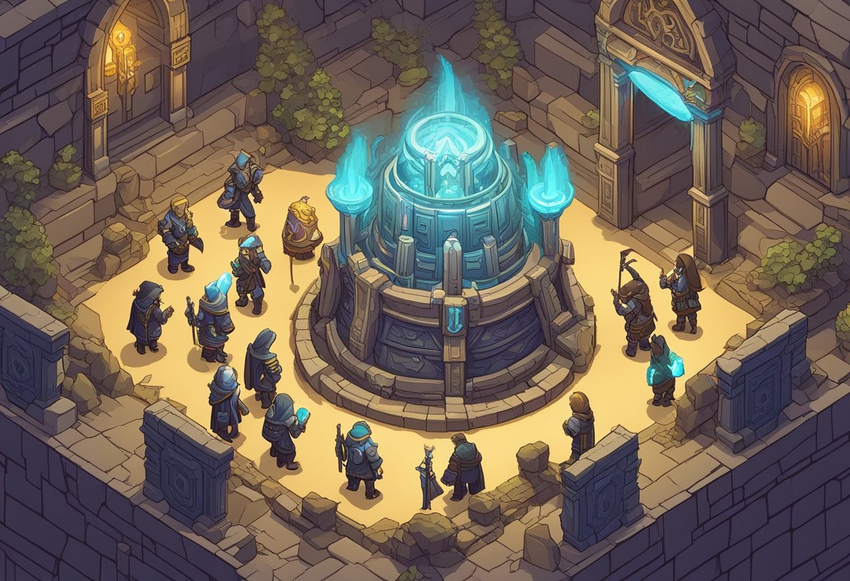 A group of fantasy characters gather around a glowing portal, brainstorming and discussing guild names for their World of Warcraft team