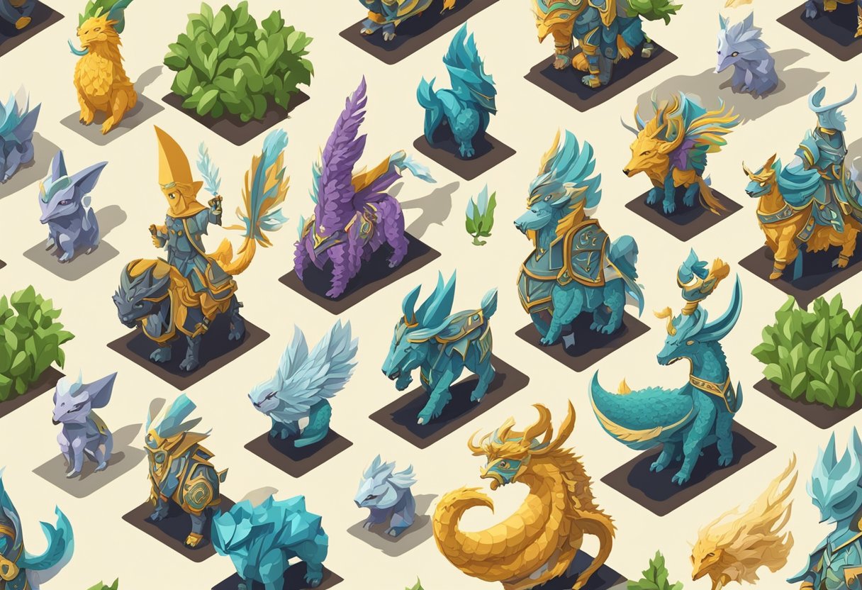 A group of fantasy creatures stand in formation, each adorned with unique symbols representing their guild ranks and names