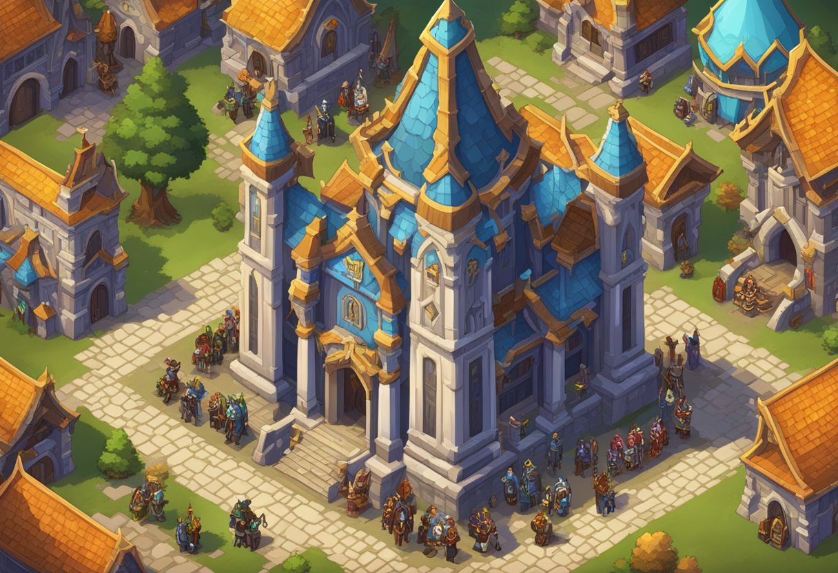 A group of diverse Warcraft characters gather in front of a grand guild hall, each proudly displaying their unique guild names and symbols