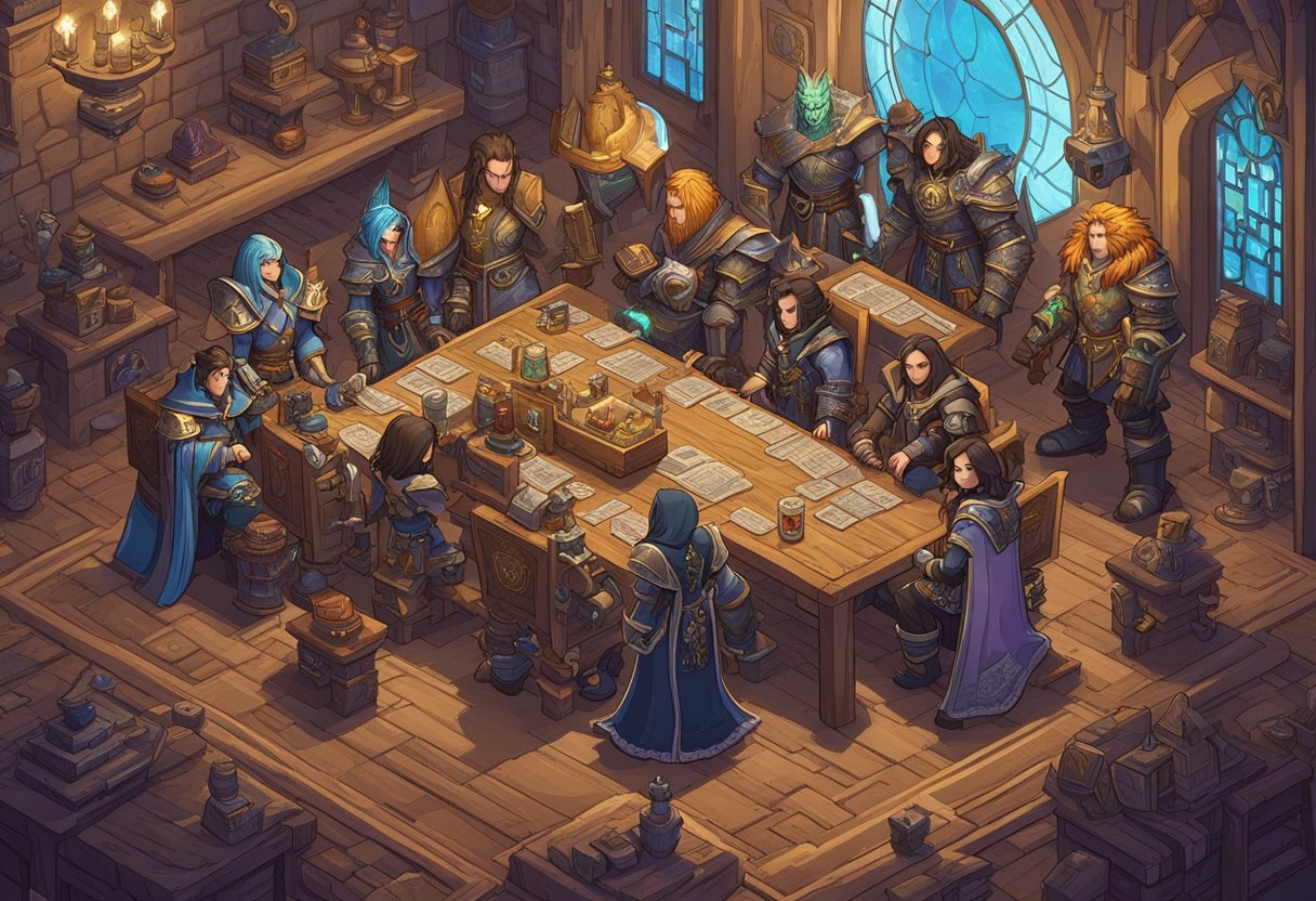 A group of fantasy characters gather around a table, brainstorming guild names with pop-culture references. The room is adorned with World of Warcraft memorabilia