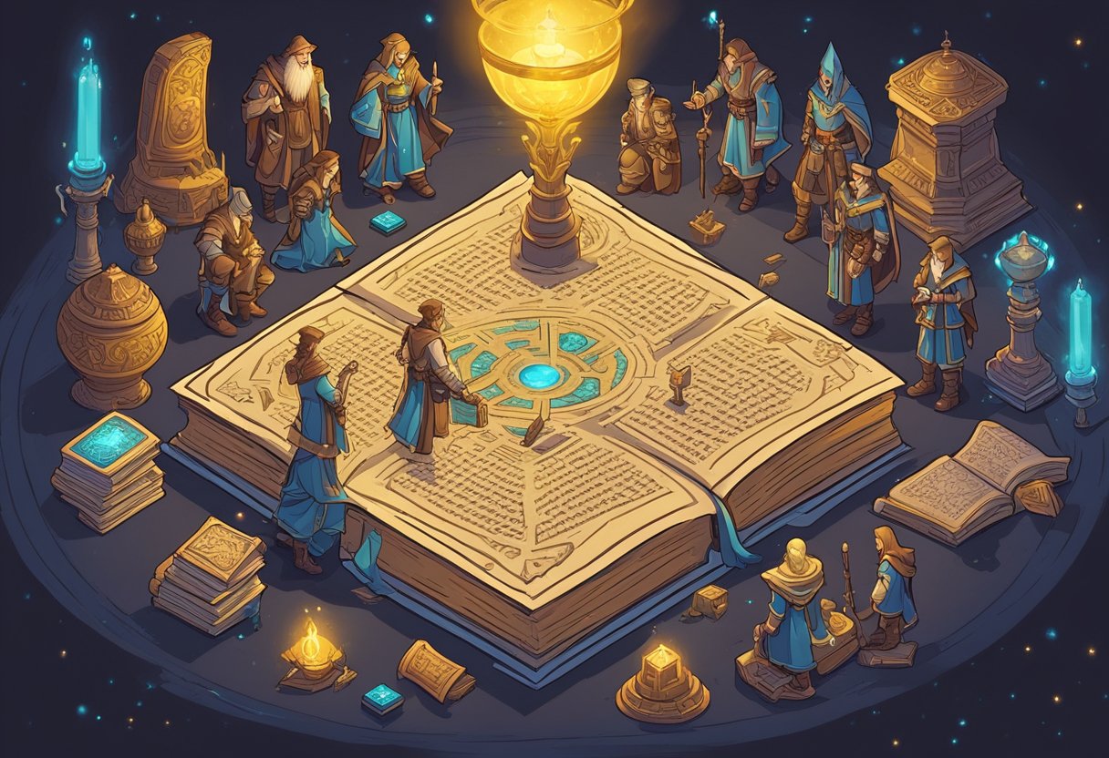 A group of fantasy characters gather around a large, ancient-looking book, brainstorming and debating while surrounded by mystical artifacts and glowing runes