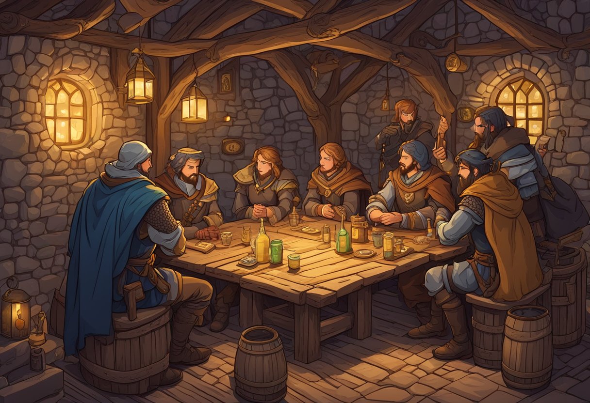 A group of fantasy characters discussing and brainstorming guild names in a medieval tavern setting