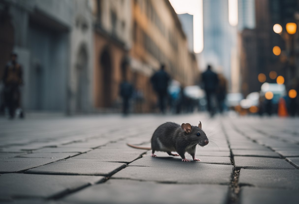 Råttene som skyndter seg gjennom urbane gater og smug, med høye bygninger i bakgrunnen