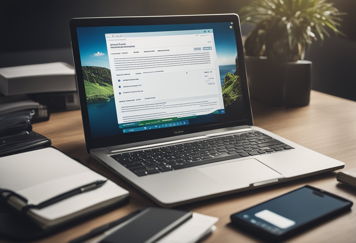 A laptop with web design software open, surrounded by SEO books and articles, with a notepad and pen for note-taking