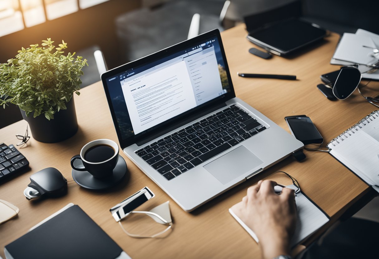 A freelance web designer researching and implementing advanced SEO strategies and techniques on a laptop at a modern desk with various digital devices and notebooks scattered around