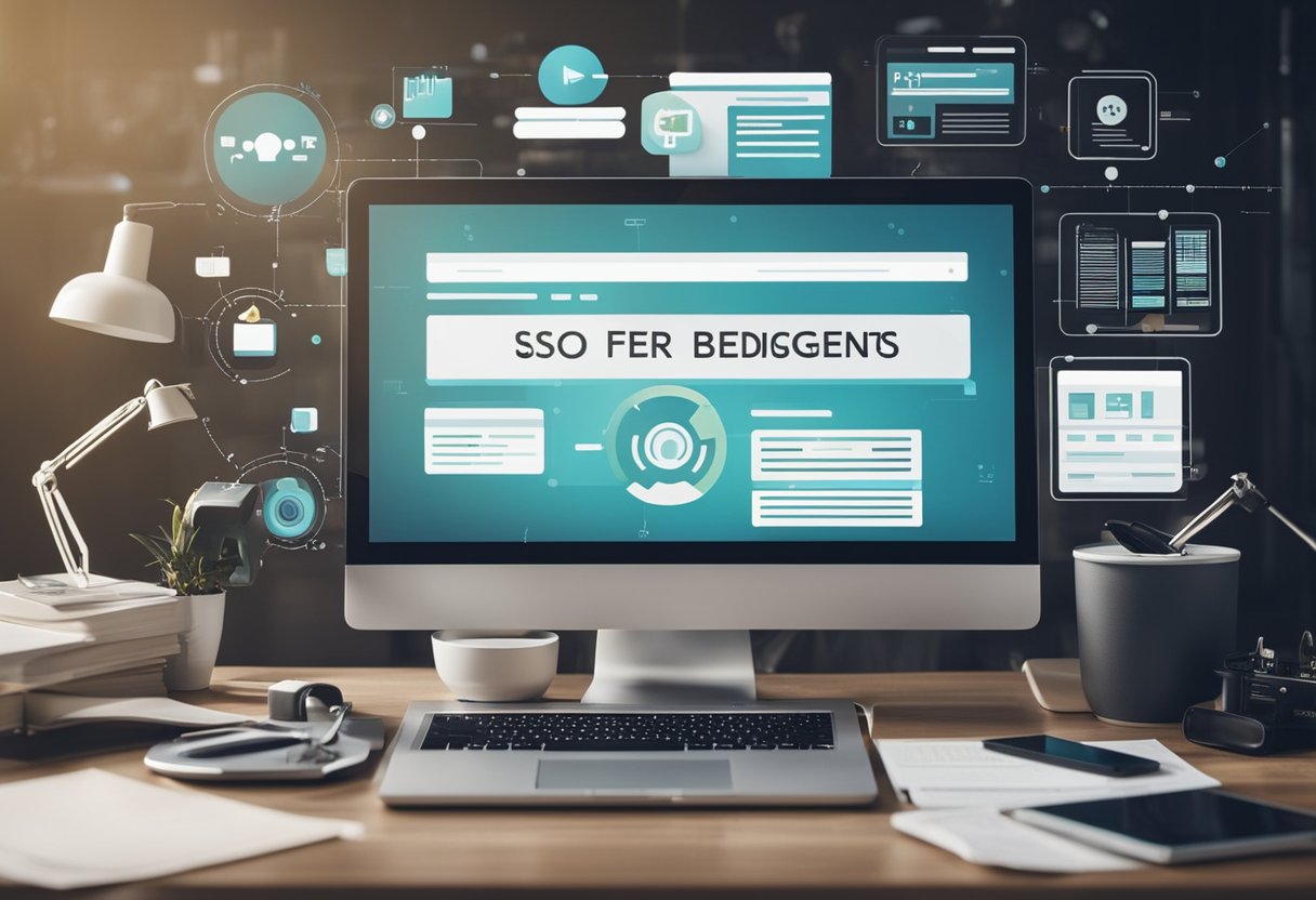 A laptop surrounded by various digital devices and tools, with a web page open on the screen displaying search engine optimization (SEO) basics for freelance web designers