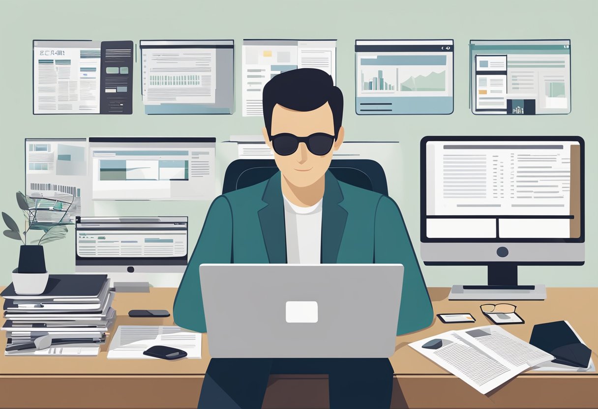 A freelance web designer at a computer, researching SEO best practices with various open tabs and notes spread out
