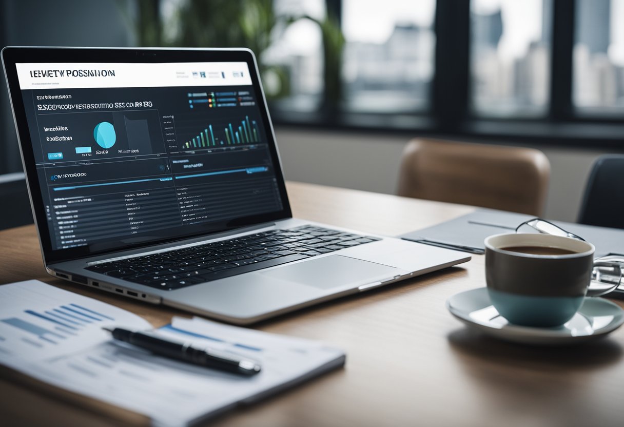 A laptop surrounded by SEO-related items like a magnifying glass, keyword list, and website analytics charts