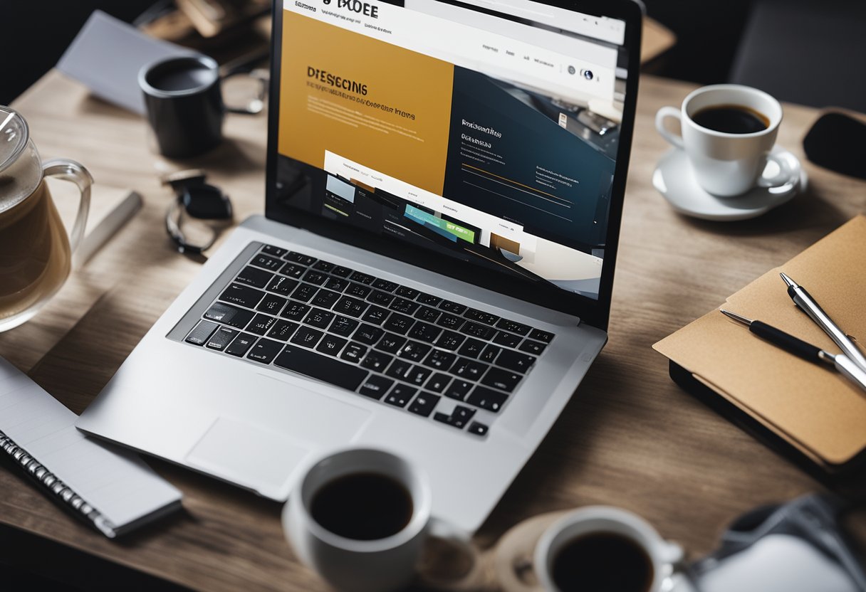 A laptop with various freelance web design platforms on the screen, surrounded by a clutter of design tools and a cup of coffee