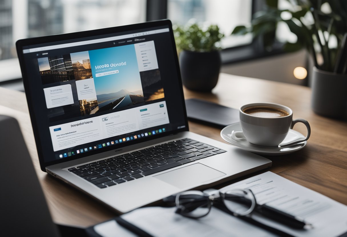 A laptop with various job board and remote listing websites open, surrounded by design tools and a cup of coffee