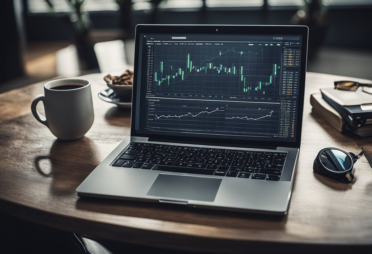 A laptop with various freelance web design platforms on the screen, surrounded by money symbols and charts