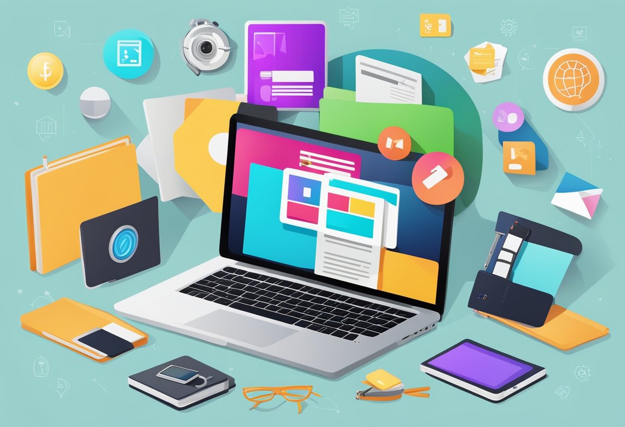A laptop surrounded by design software icons, with a stylus and sketchbook nearby, as a freelancer searches for web design opportunities online