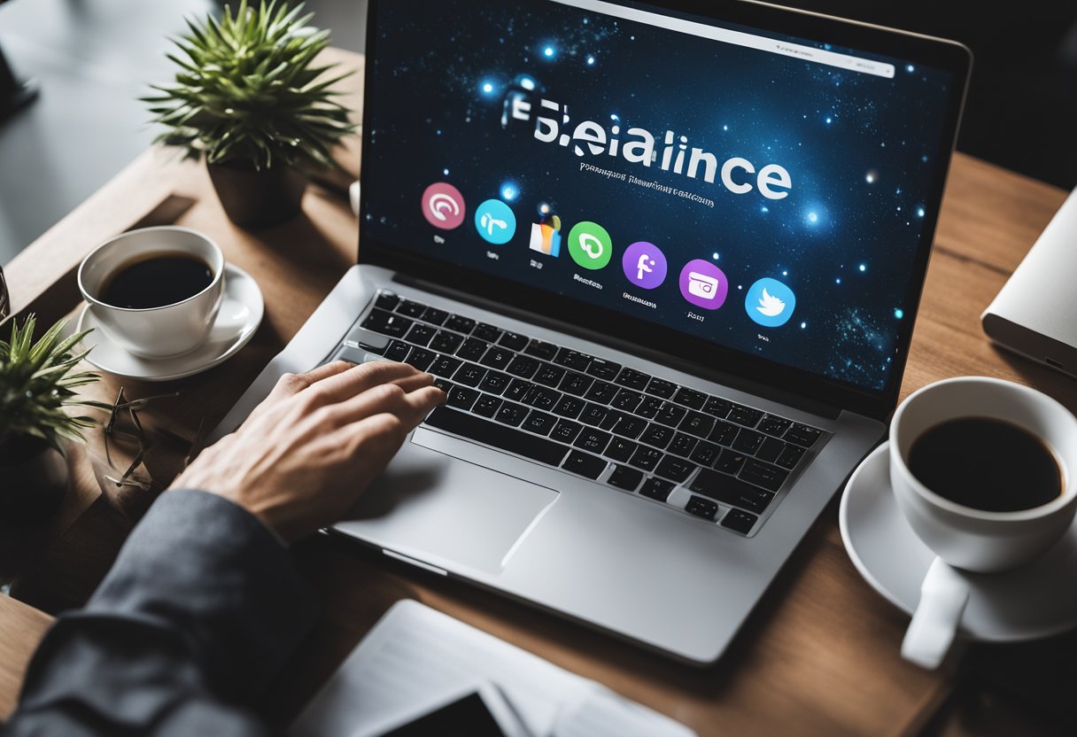A laptop surrounded by various social media icons and freelance platforms, with a web designer's portfolio displayed on the screen