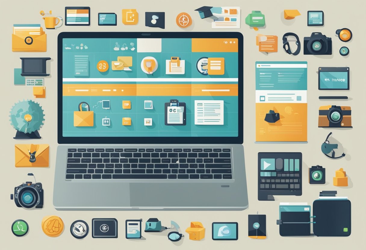 A laptop surrounded by various icons representing different freelance platforms for web designers
