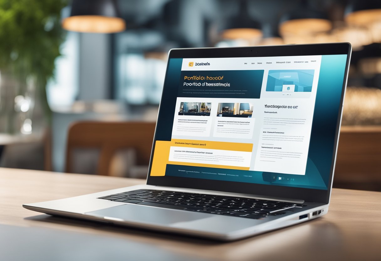 A laptop displaying a portfolio website with glowing testimonials and social proof icons. A sleek, modern design with vibrant colors and clean typography