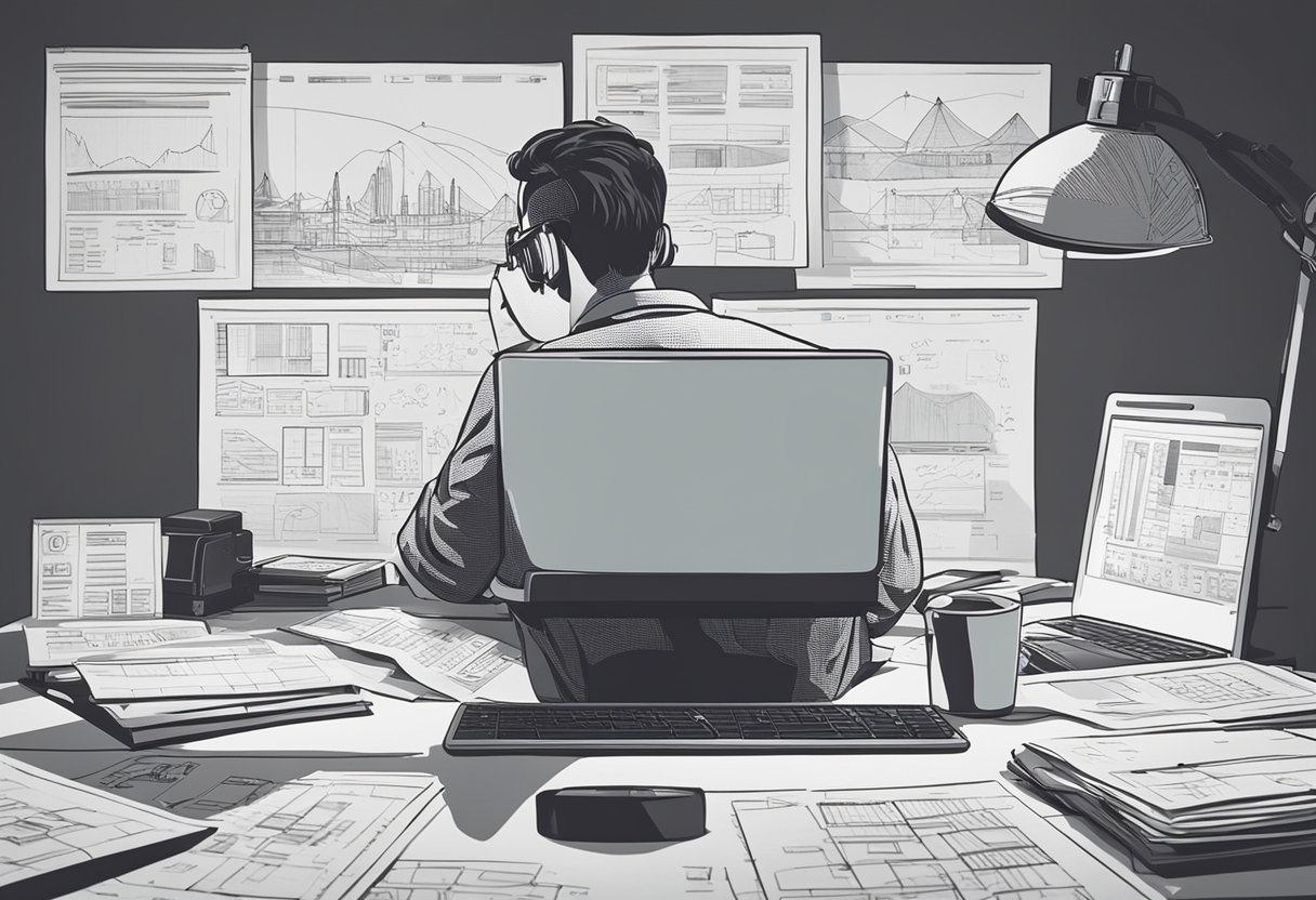 A freelance web designer at their desk, surrounded by sketches, wireframes, and a laptop. They are deep in thought, brainstorming and creating their portfolio