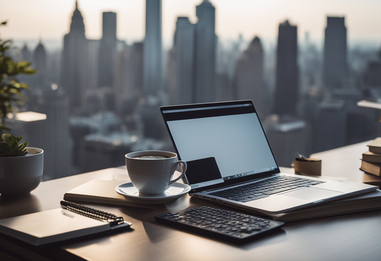 A laptop surrounded by design books, a sketchpad, and a cup of coffee on a desk with a view of a city skyline