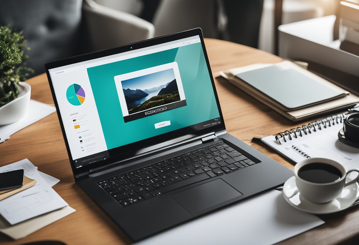 A sleek laptop displaying a polished web design portfolio, surrounded by design sketches, color swatches, and a professional notebook