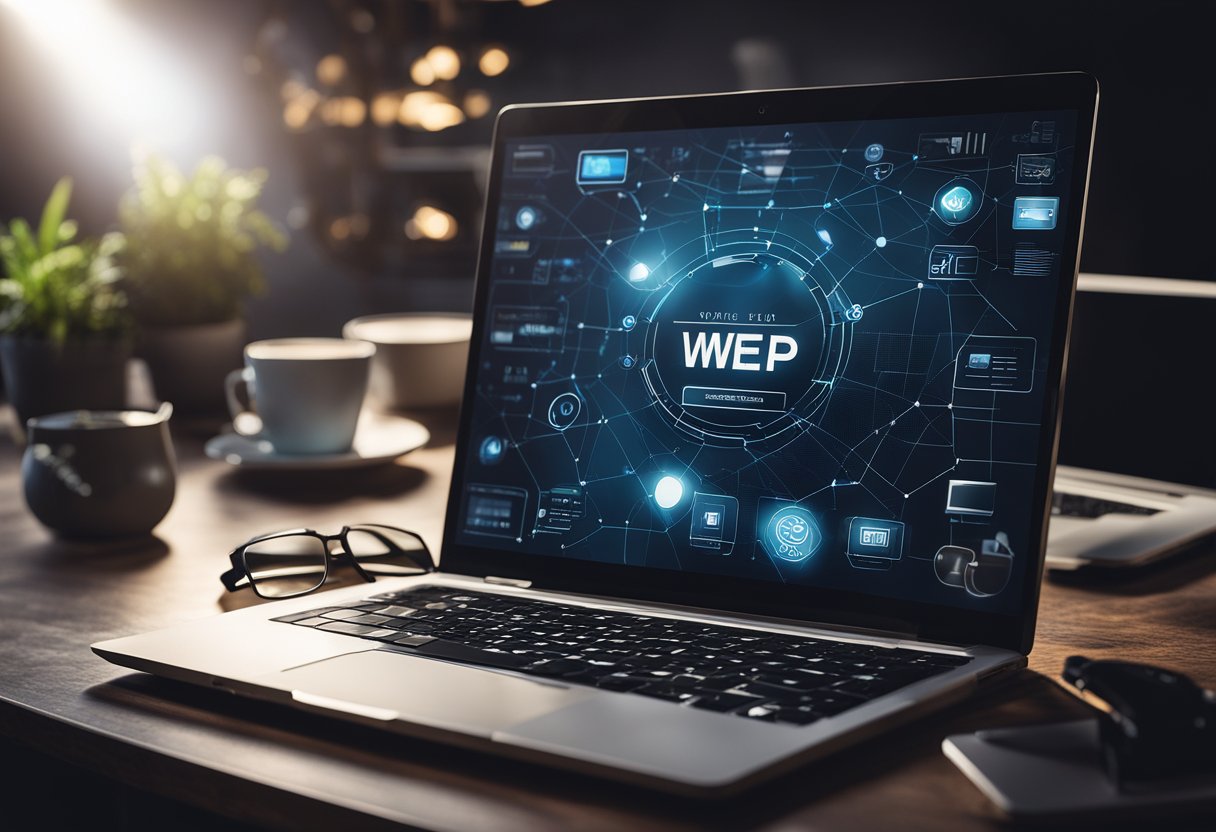 A sleek laptop surrounded by various web design elements and tools, with a spotlight shining on it, symbolizing standing out in a competitive market