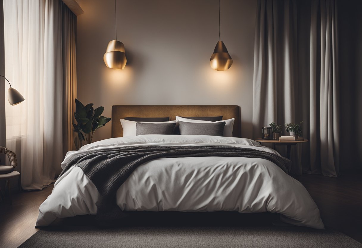 A cozy bedroom with a soft, dimly lit atmosphere, a comfortable bed with a sleep mask placed on the pillow, and a window with light blocked out by curtains