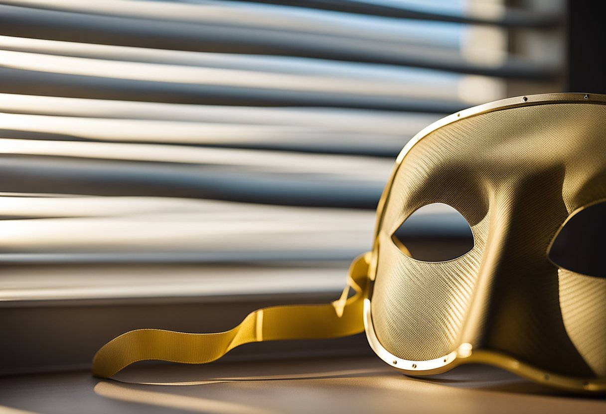 A sleep mask made of silk, cotton, and foam lie on a table, while a beam of light shines through a crack in the window blinds