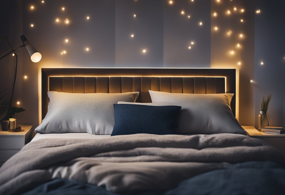 A cozy bedroom with a soft, comfortable bed, dimmed lights, and a sleep mask hanging on a bedside table