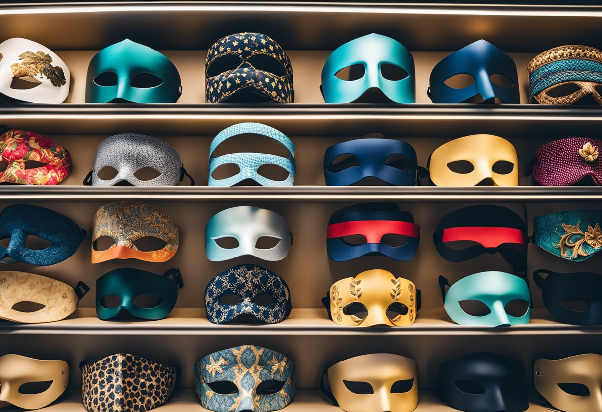 A variety of sleep masks displayed on a shelf, with different designs and materials, showcasing innovative options for blocking out light