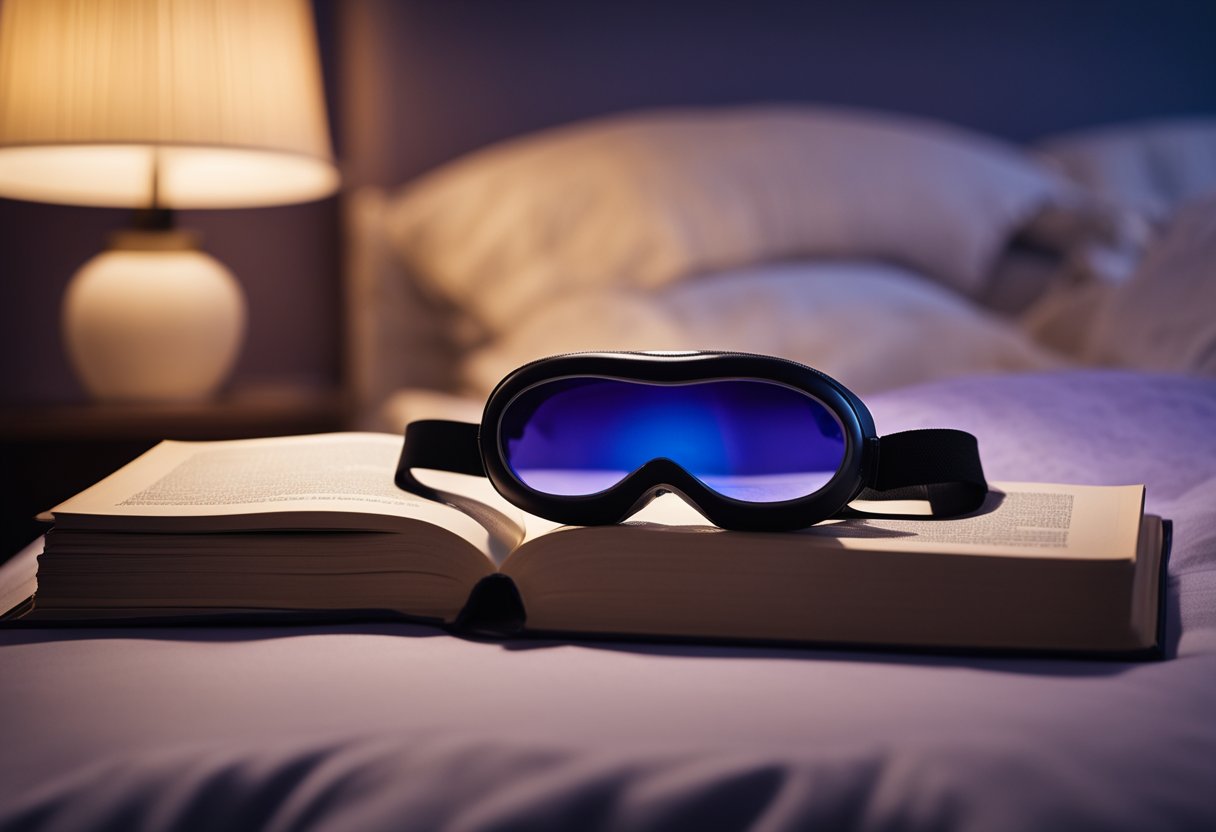 A sleep mask hanging on a bedpost, surrounded by a book on sleep care, a lavender sachet, and a dimly lit bedside lamp