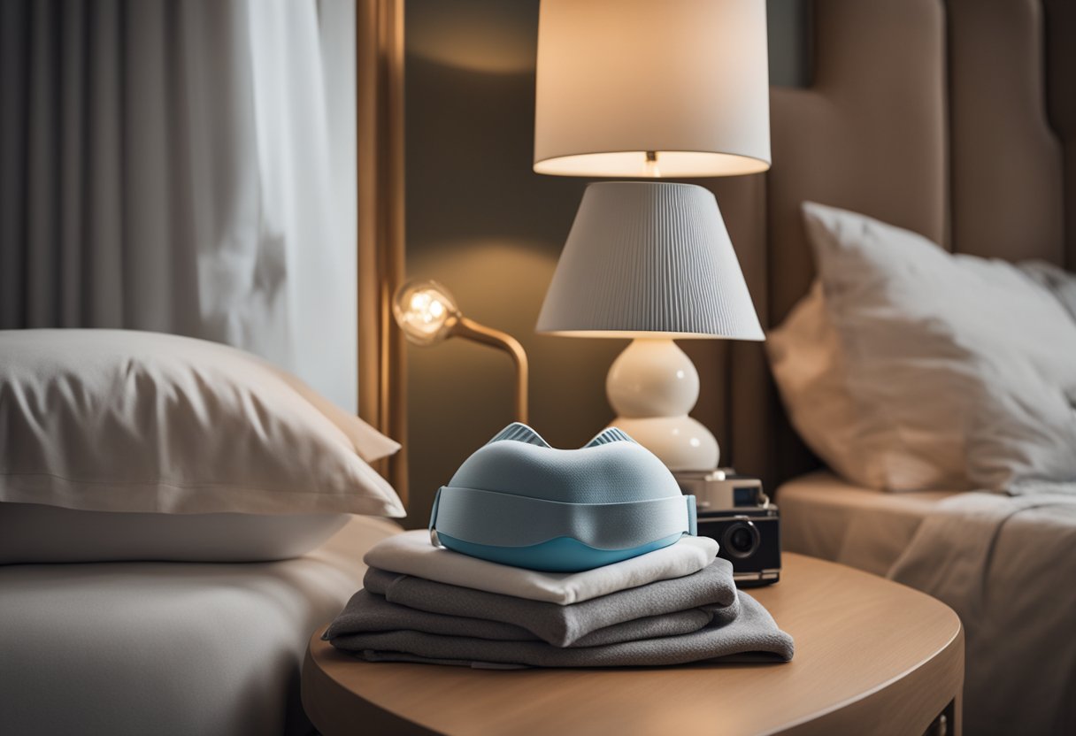 A cozy bedroom with a bedside table holding different sleep masks, while a soft light illuminates the room from a nearby lamp