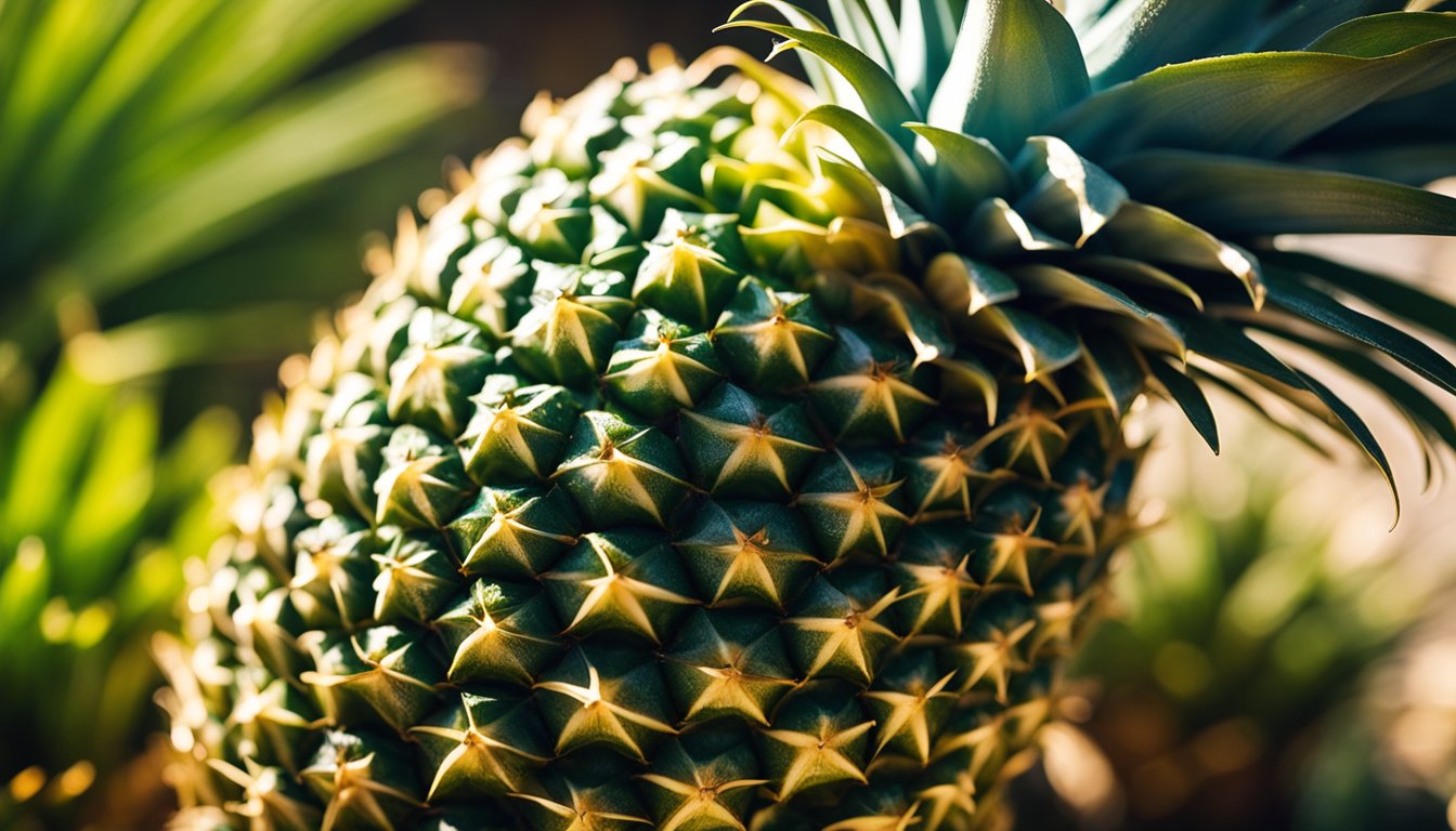 A ripe pineapple's textured skin glistens in sunlight, dew drops creating prisms of light