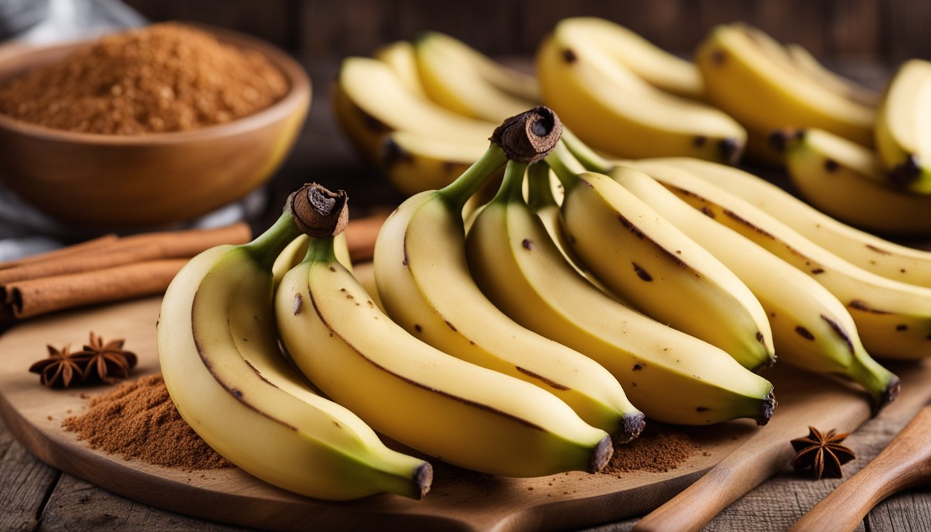 Ripe bananas, neatly arranged on a wooden cutting board, sprinkled with cinnamon