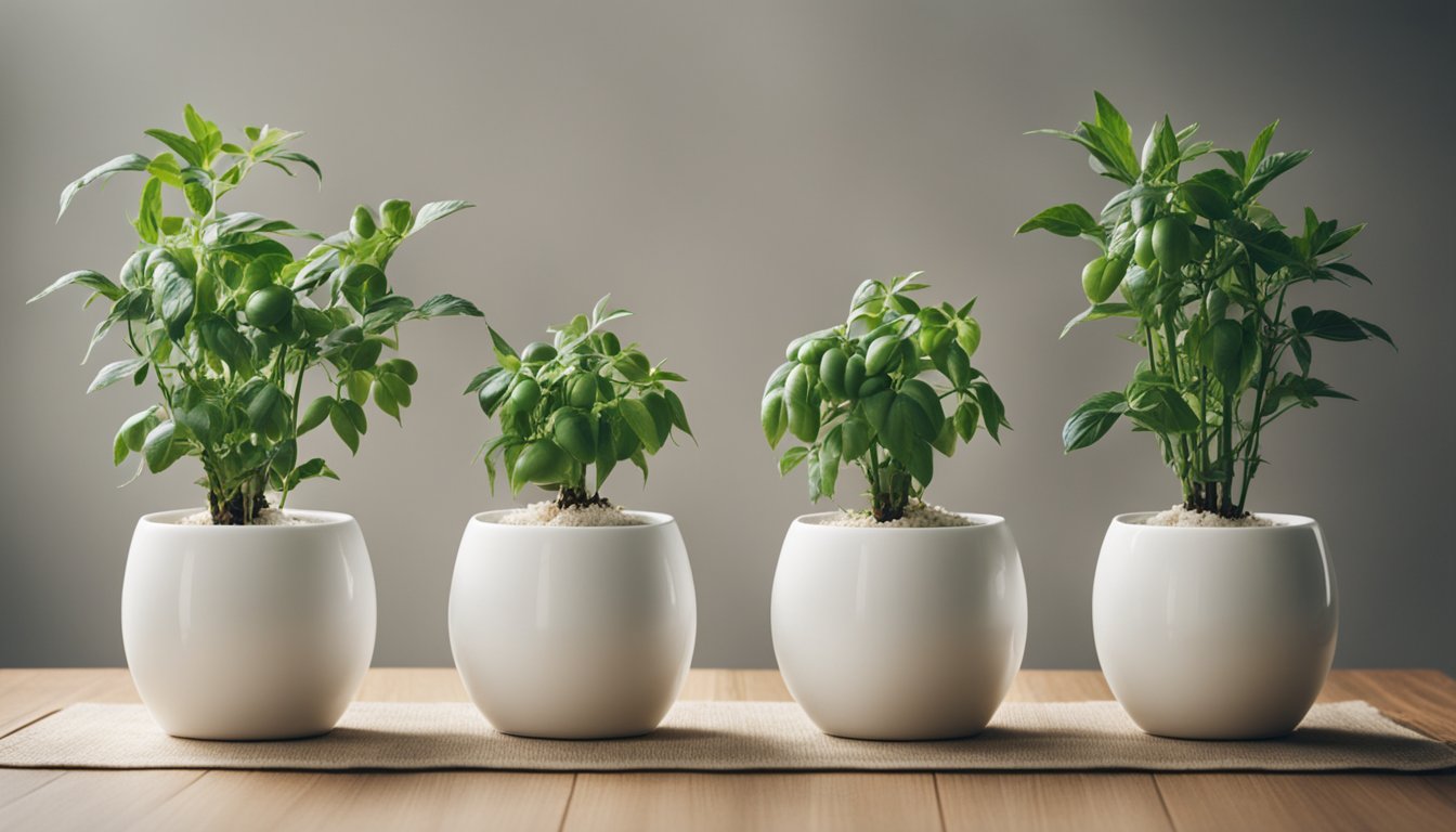 Three white ceramic pots on bamboo stand, with thriving tomato plants, soft natural light, clean white wall