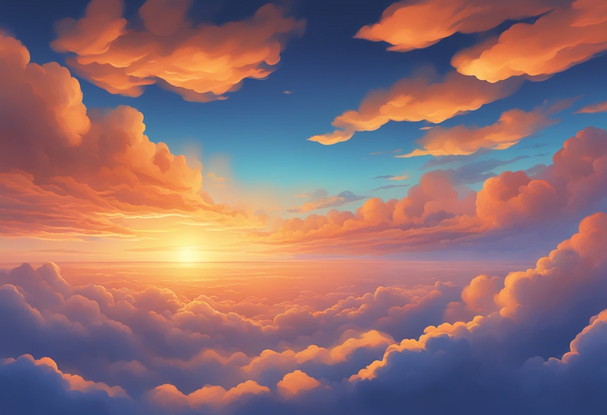 The sky transitions from bright blue to fiery orange as clouds drift across in a timelapse