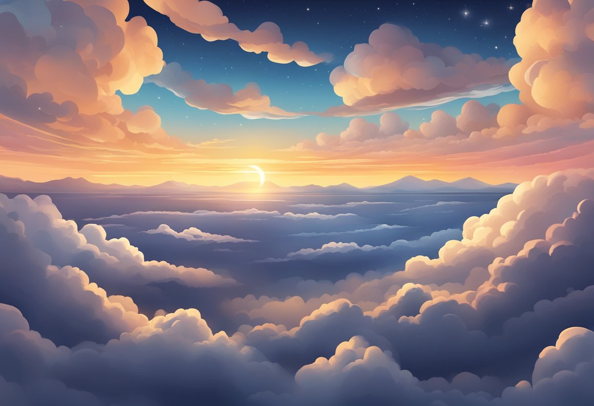 The sky transitions from day to night, with clouds moving across the horizon and stars appearing as the sun sets