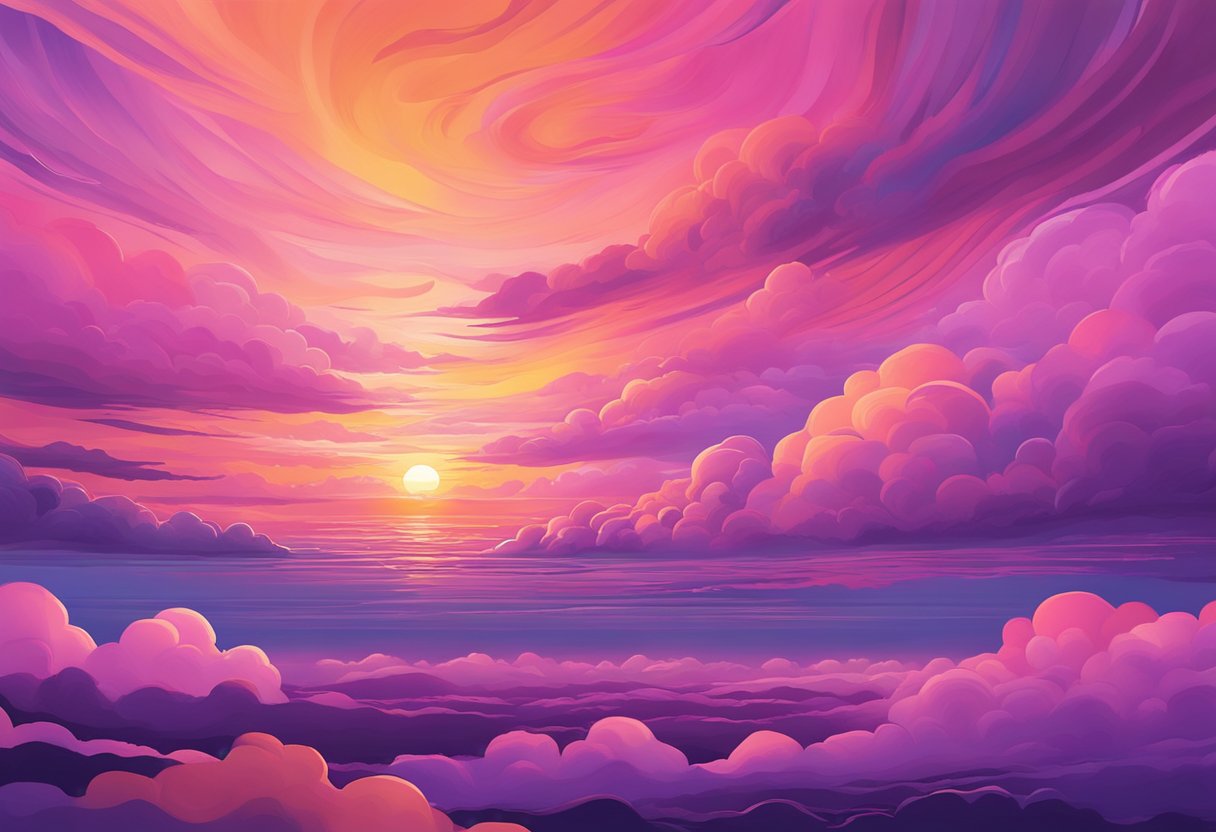 A vibrant sunset paints the sky with swirls of pink, orange, and purple, as clouds drift lazily across the horizon