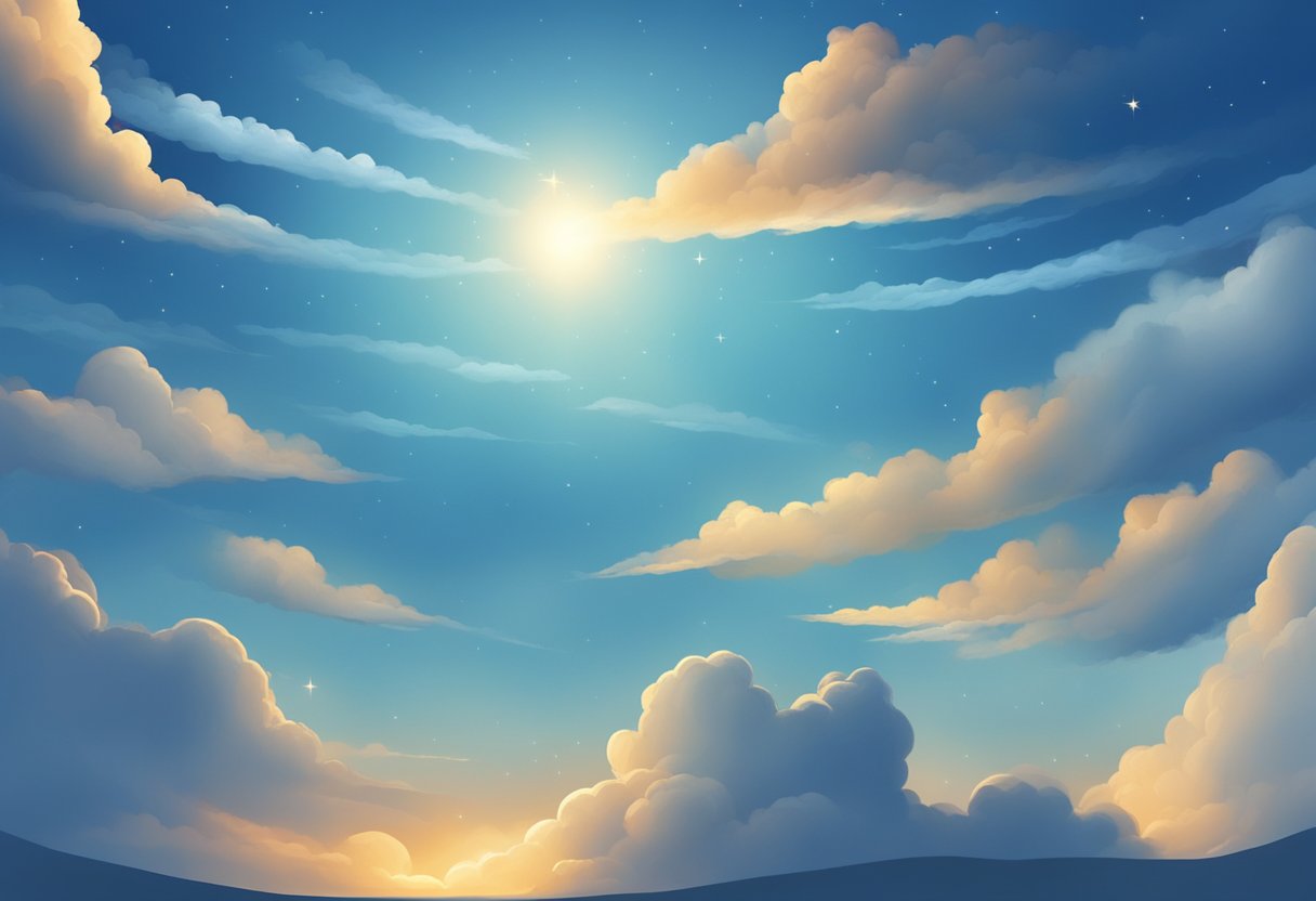 A clear blue sky with wispy clouds slowly drifting across the horizon, transitioning from day to night with the movement of the sun and stars