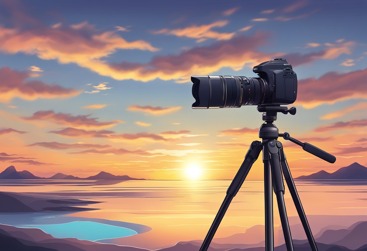 A camera on a tripod captures the changing colors of the sky as the sun sets, with clouds moving across the horizon