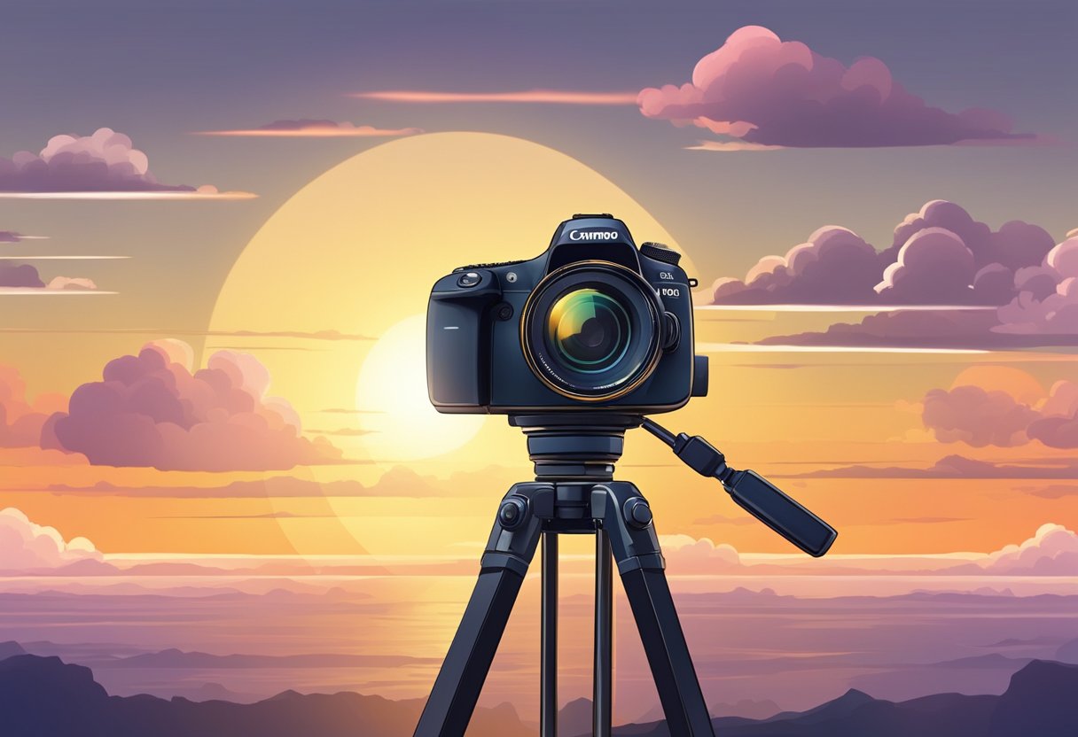 A camera on a tripod captures a timelapse of the sky, with clouds moving and changing colors as the sun sets or rises