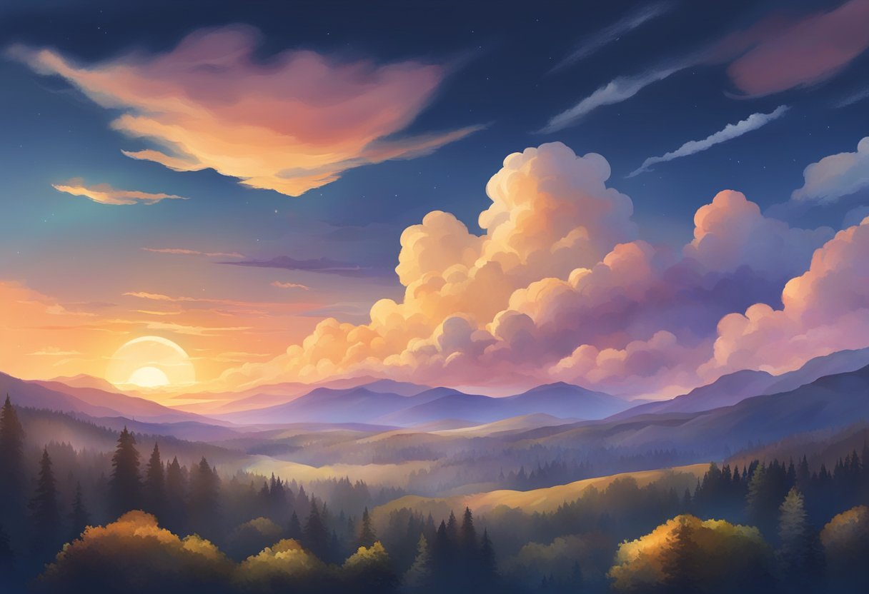 A time-lapse of the sky transitioning from day to night, capturing the changing colors and movement of the clouds