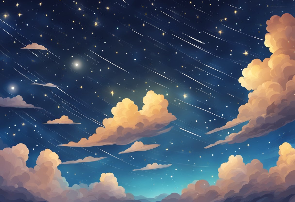 A clear, starry night sky with streaking clouds and bright constellations