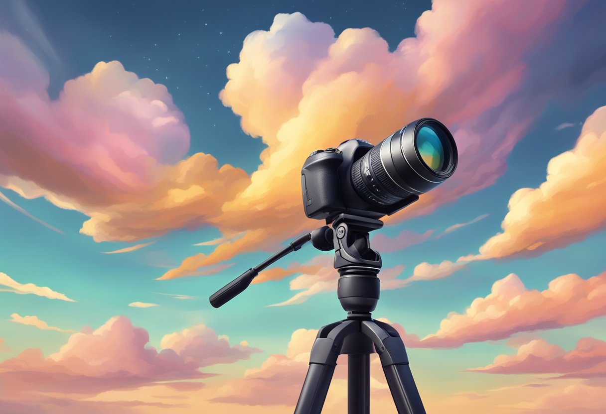 A camera on a tripod captures the changing sky as clouds move and colors shift in a timelapse sequence